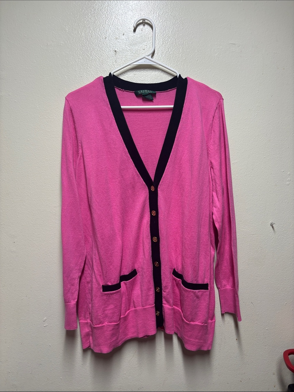 Lauren Ralph Lauren Hot Pink V-Neck cardigan  with Black Trim 2X 100 cotton